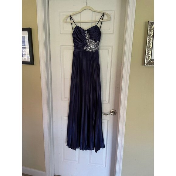 B Darlin Formal Maxi Evening Dress Navy Bridesmaid Prom Holiday Beaded Strapless - Picture 9 of 9